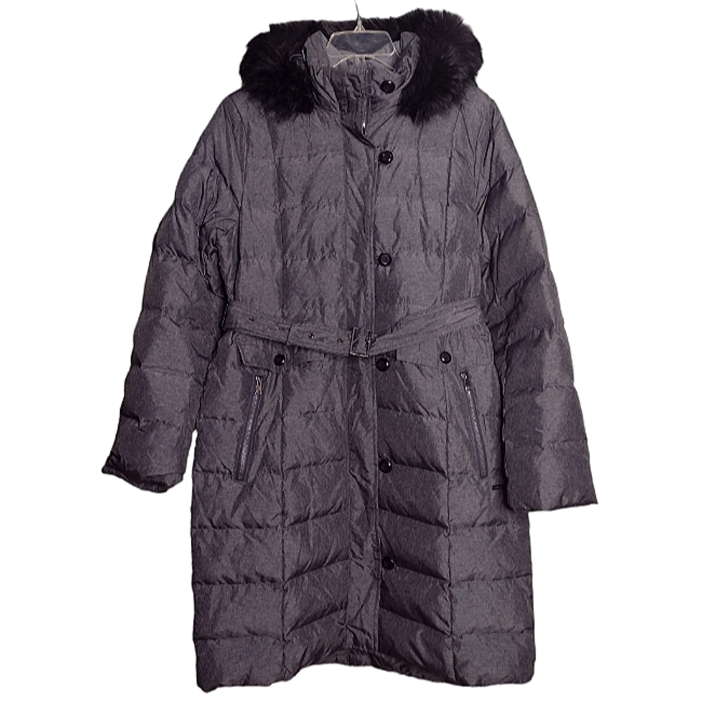 Lands' End gray down belted coat detachable hood LT New